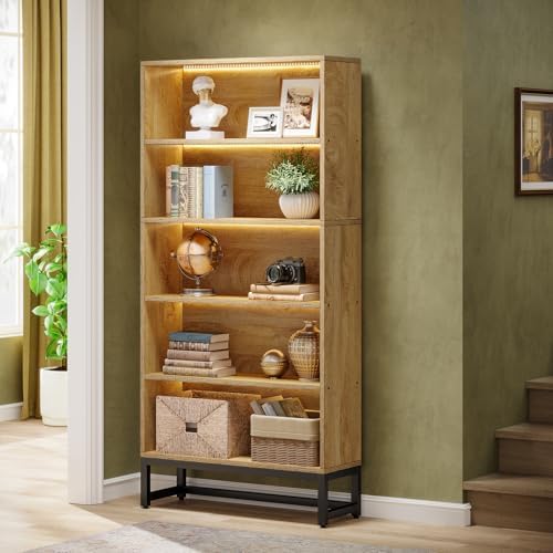 Tribesigns Tall Bookcase and Bookshelf, 70.8" Large Bookcases Organizer with LED Lights, Heavy Duty Free-Standing Library Bookshelf with 5-Tier Storage Shelves for Living Room, Bedroom (Brown) - Image 4