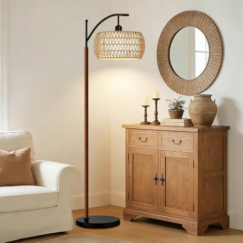 QIYIZM Rattan Floor Lamp for Living Room,Bedroom,Boho Standing Lamp with Remote Dimmable,Wood Vintage Mid Century Modern Black Tall Lamp Wicker Lamp Shade Floor Lights Bohemian Tiffany Style - Image 4