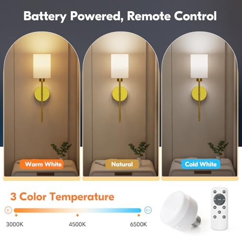 NIORSUN 20.67 inch Battery Operated Wall Sconce Set of 2, Gold Rechargeable Wall Lights with 10400mAh Dimmable Bulbs and Remote, 9 Colors Wireless Wall Lamps for Bedroom Living Room Hallway - Image 2