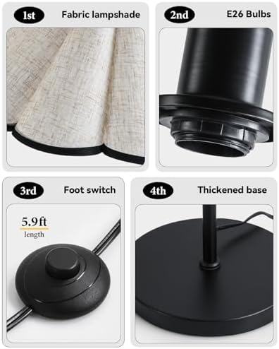 Floor Lamp with Pleated Linen Lampshade, Modern Flower Floor Lamp for Living Room Arc Standing Lamp, Gold Tall Lamp for Bedroom Office Dining Room, Bulb Included (Black + Black, 66.1IN) - Image 4