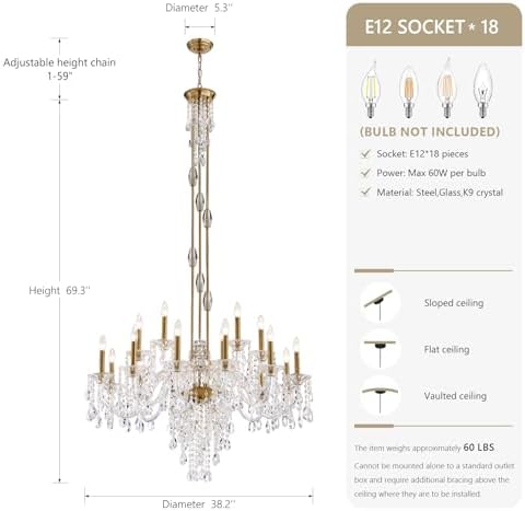 18-Light Large Crystal Chandelier, Vintage Maria Theresa Brass Gold Chandelier for Foyer, Staircase & High Ceiling Living Room, E12 Base - Image 2