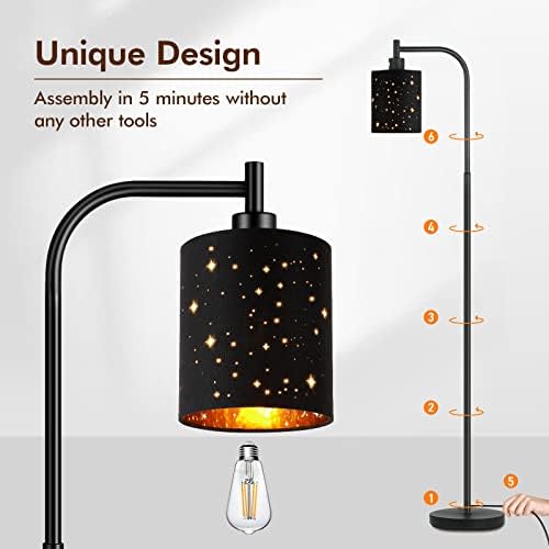 Gothic Industrial Floor Lamp with Starry Laser Cut Shade, 67" Black Metal Standing Lamp with 6W LED Bulb,Foot Switch, Perfect Halloween Spooky Home Decor,Tall Floor Lamp for Bedroom, Living Room,Black - Image 7