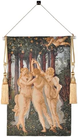 Medieval Vintage Tapestry Wall Hanging - Jacquard Art Replica of Three Nymphs & Cupid，Woven Aesthetic Complete Set with Tassels, Telescopic Rod, Rope & Hooks for Bedroom & Living Room Decor (27"x42") (Yellow：Spring - inspired Soft Tones of Three Nymphs) by Unknown