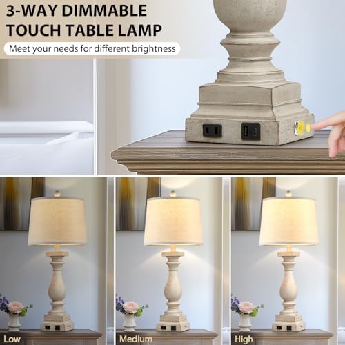 28" Tall Farmhouse Table Lamps with USB C+A Ports and AC Outlet, 3 Way Touch Control Rustic Bedside Lamps for Bedroom, Beige Vintage Nightstand Lamps for Living Room Office - Image 3