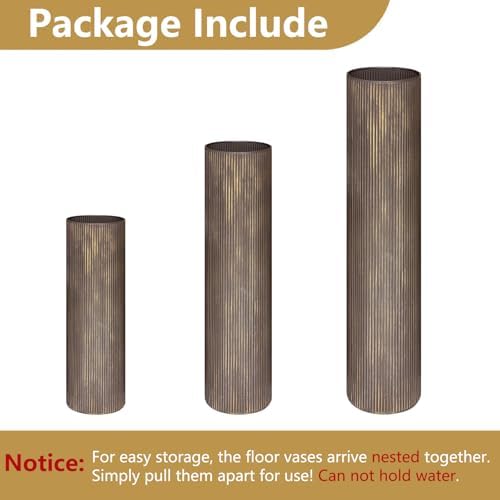 Brown Tall Ribbed Floor Vase - Set of 3 Metal Large Decorative Vases - Image 7