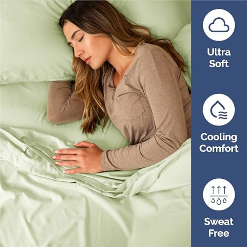 Split King Size 5 Piece Sheet Set - Breathable & Cooling - Light Sage Green - Image 4