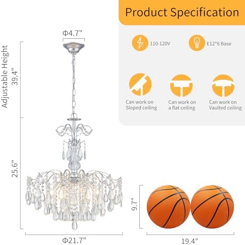 WUZUPS 6-Light Crystal Chandelier Pendant Ceiling Light Modern Lighting Fixture for Bedroom Hallway Bar Kitchen Bathroom, H 25.6" W21.7, E12 Base, Silver - Image 2