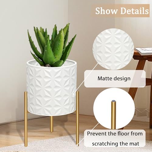 ARNIS Plant Pots with Stand, Set of 2 Indoor Planter Pots, Large Metal Planters with Stand, Mid Century Decorative Flower Pots with Drainage Hole and Gold Plant Stand, 8.25" & 10.5",Matte White - Image 3