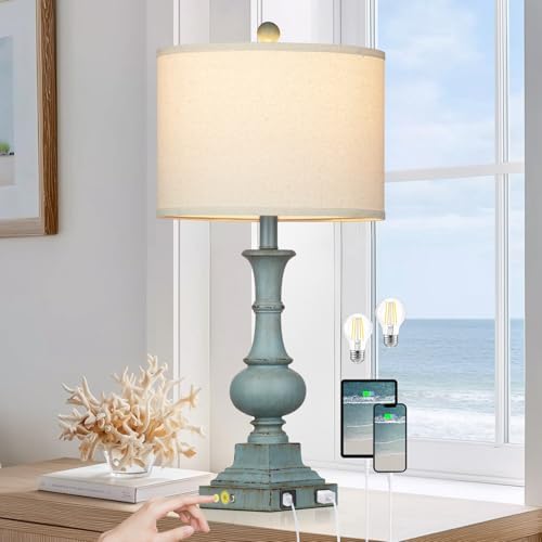 Lolikit 26" Tall Coastal Farmhouse Lamp for Living Room, Vintage Table Lamp with USB A/C Charging Ports & AC Outlets for Nightstand,3-Way Dimmable Touch Control Bedside Lamp for Bedroom End Table Blue by Lolikit