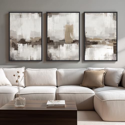 Large Framed Neutral Abstract Wall Art for Living Room, Set of 3 24x36 In by Cuspin
