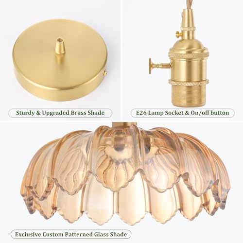 Shenmoyl Pendant Light with Amber Scindapsus Glass Lmapshade, Brass Vintage Pendant Light Adjustable Hanging Light for Kitchen Island Dining Room Hallway - Image 4
