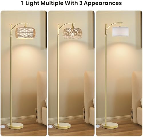 Yusist Arc Floor Lamp for Living Room,Farmhouse Floor Lamps with Remote Control & Dimmable Bulb,Gold Boho Rattan Tall Standing Lamp for Bedroom Office - Image 3