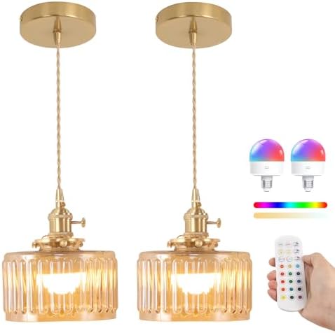 Shenmoyl Battery Operated Pendant Light 5000mAh Rechargeable Chandelier with Remote Control Wireless Adjustable Hanging Amber Striped Light for Kitchen Island Dining Room Hallway, 2 Pack by Shenmoyl