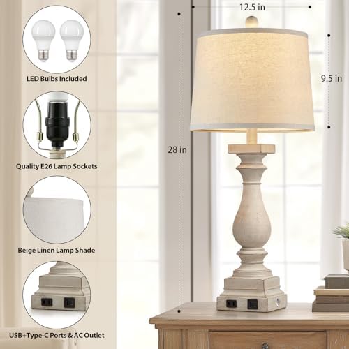 28" Tall Farmhouse Table Lamps with USB C+A Ports and AC Outlet, 3 Way Touch Control Rustic Bedside Lamps for Bedroom, Beige Vintage Nightstand Lamps for Living Room Office - Image 4