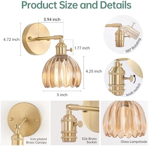 Shenmoyl Vintage Wall Sconces with Amber Tulip Glass Lampshade 180 Degree Adjustable Brass Sconces Hradwired Modern Wall Lighting Fixture with Switch for Bedside Bedroom Doorway - Image 6