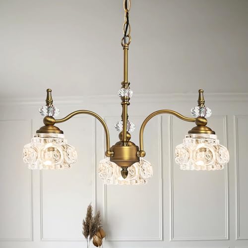 Montex Gold Brass Chandelier, 3 Light Vintage Crystal Glass Pendant Fixture by Montex