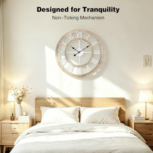 30 Inch Oversized Rustic Wall Clock Silent Non-Ticking Wooden Wall Clocks with Roman Numerals Farmhouse Decorative Clock for Living Room Bedroom Office (Light Lvory) - Image 5