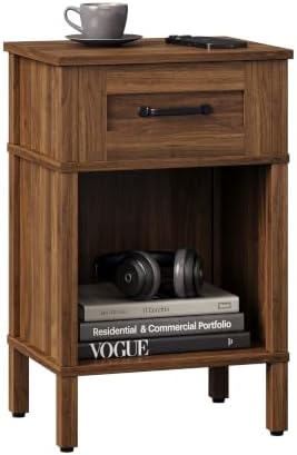 Farmhouse Nightstand with Drawer, Small Wood Bedside Table, Rustic Side Table, Modern End Table with Drawer, Retro Wooden Red Brown Night Stand for Bedroom - Image 3