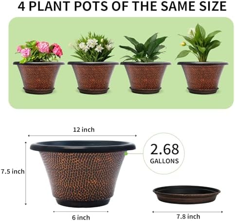 Quarut 12 Inch Pots for Plants,4 Pack Large Flower Pots with Drainage Hole - Image 5
