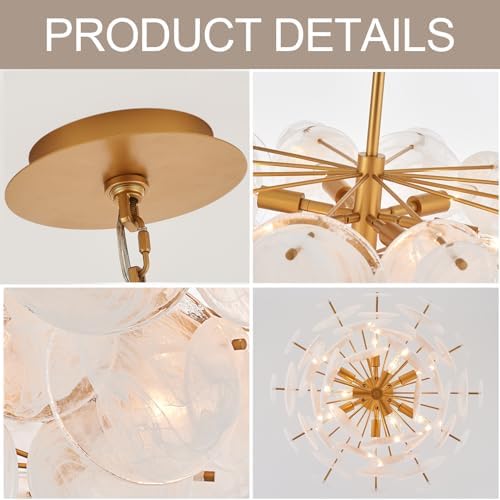 Dia 28 Inch, Modern Glass Chandeliers for Bedroom, Gold Dining Room Light Fixture, Large Vintage Pendant Chandelier for Living Room Stairway Entryway Kitchen Farmhouse Foyer - Image 6