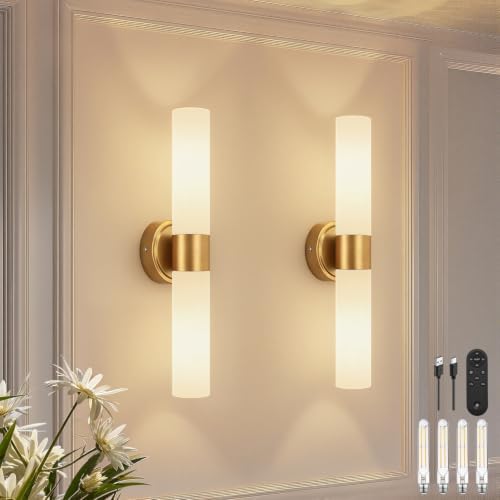 Rechargeable Wall Sconces Set of Two, Brushed Gold Battery Operated Wall Light Fixtures with Remote Control, Dimmable Wireless Wall Sconces with Milky Glass for Bathroom Mirror Bedroom Living Room by Meybiok