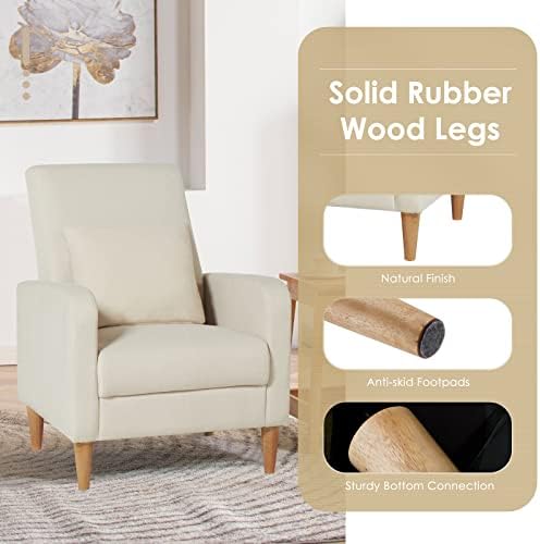 COLAMY Mid-Century Modern Accent Chair, Fabric Upholstered Living Room Chair with Back Pillow & Solid Wood Legs, Comfy Armchair for Living Room, Bedroom, Single Sofa, Beige - Image 5