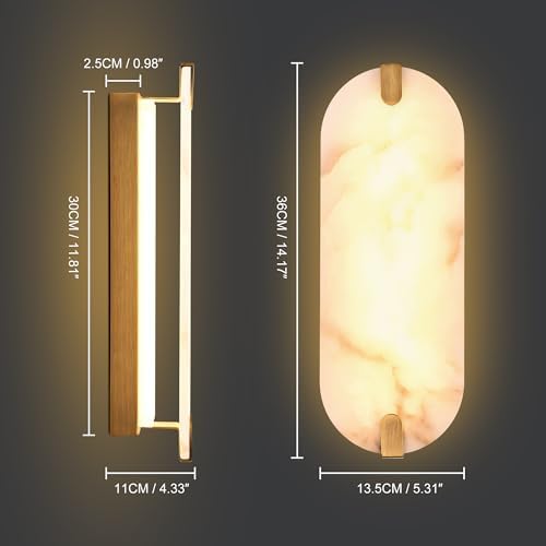 14.17in Alabaster Wall Sconces, Natural Marble Wall Light Set of Two, Modern LED Alabaster Sconces for Living Room Indoor Wall Lamps for Dining Room Stairs Bedroom,Brushed Gold - Image 6