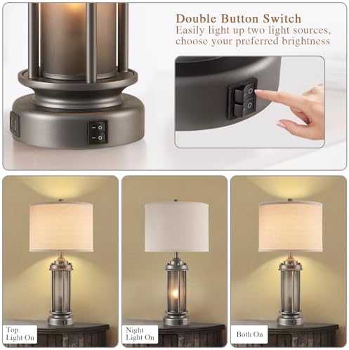 AIEAMPDO Set of 2 Farmhouse Bedroom Table Lamps with 2 USB C+A Ports - Image 2