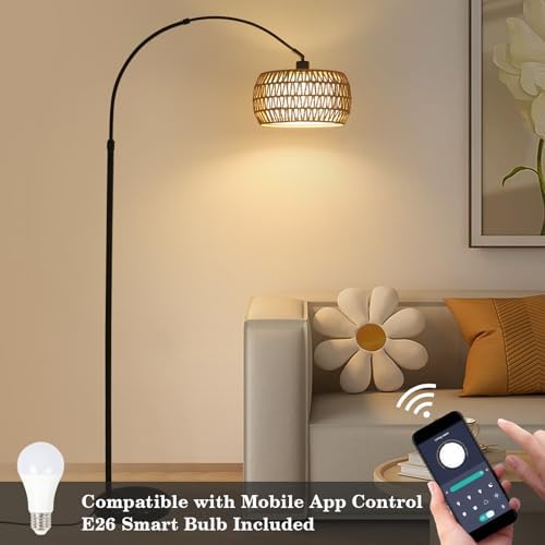 Arc Floor Lamps for Living Room with 3 Color Temperatures, Black Standing Lamp with Remote & Dimmable LED Bulb, Rattan Boho Floor Lamp, Farmhouse Tall Lamp for Bedroom, Over Couch Arched Reading Light - Image 4