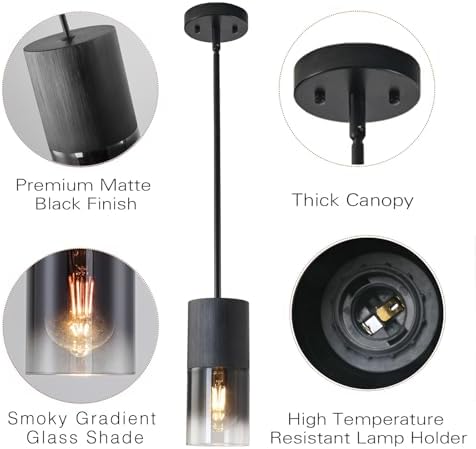 Pendant Light Fixtures, Adjustable Modern Pendant Lights for Kitchen Island, Industrial Glass Pendant Lights for Dining Table Hallway Bedroom Living Room Black 2 Packs - Image 4