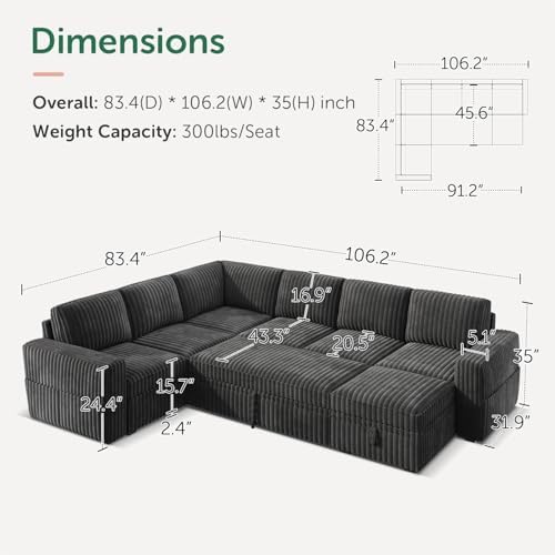 HONBAY Modular Sectional Sleeper Sofa with Pull Out Bed,Corduroy U Shaped Couch with Storage, Sectional Couches for Living Room,Dark Grey - Image 2