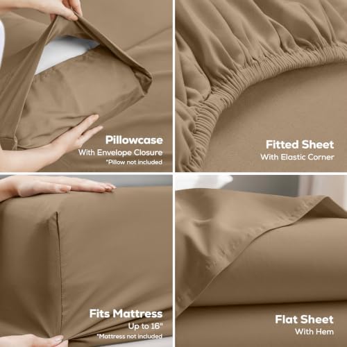 King Sheets Set, 4 Pieces 16" Deep Pocket Hotel Luxury Bed Sheets, Sand - Image 3