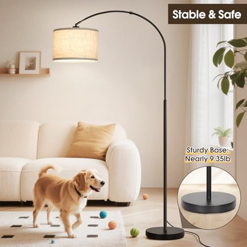 Dimmable Floor Lamp, Arc Floor Lamp with Dimmer, Black Standing Lamp with Adjustable Hanging Shade, Over Couch Tall Reading Light, Modern Pole Lamp for Living Room Bedroom, 9W LED Bulb Included - Image 6