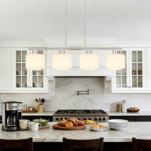 4-Light Brushed Nickel Kitchen Island Lighting, Modern Linear Dining Room Chandelier Light Fixtures with Milk Glass and Chain, Mid Century Hanging Lights for Kitchen Island, OS-YQ8153-4ISBNW - Image 6