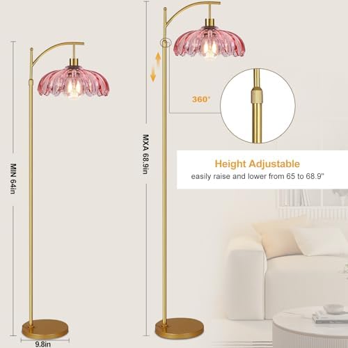 ILLMTW Floor Lamp for Living Room,Bedroom,Gold Dimmable Standing Lamp with Remote,Mid Century Modern Brass Tall Lamp Retro Vintage Pink Glass Lamp Floor Light Boho Bohemian - Image 5