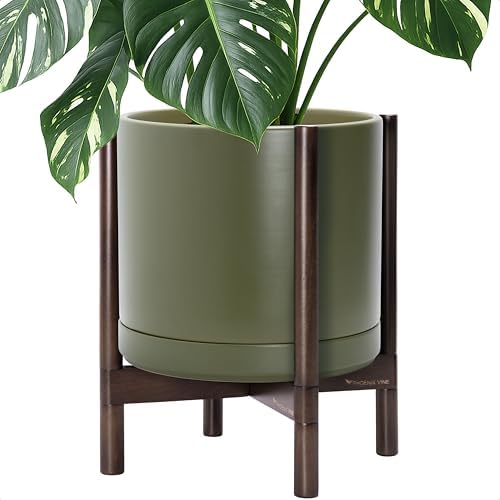 D'vine Dev Ceramic Pot with Walnut Wood Stand, Olive, 14 in, 55-B-T-J by DvineDevPlanterPotsandStand