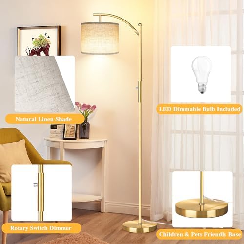 ROTTOGOON Dimmable Floor Lamp, Arc Floor Lamps for Living Room, Stepless Dimming Modern Standing Lamp with Linen Shade, Tall Lamp for Bedroom Office Dining Room- Brushed Gold - Image 5