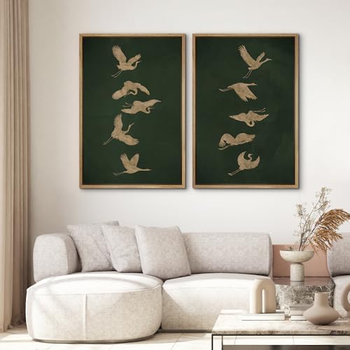 SIGNWIN Framed Canvas Print Wall Art Set Golden Cranes in Flight on Deep Green Illustrations Modern Art Rustic Colorful Ultra for Living Room, Bedroom, Office - 16"" x24 x2 Natural - Image 2