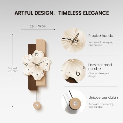 Flower Wall Clocks Battery Operated Decorative with Pendulum 9*24in,Beige - Image 6