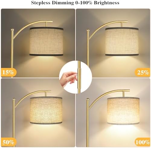 ROTTOGOON Dimmable Floor Lamp, Arc Floor Lamps for Living Room, Stepless Dimming Modern Standing Lamp with Linen Shade, Tall Lamp for Bedroom Office Dining Room- Brushed Gold - Image 4