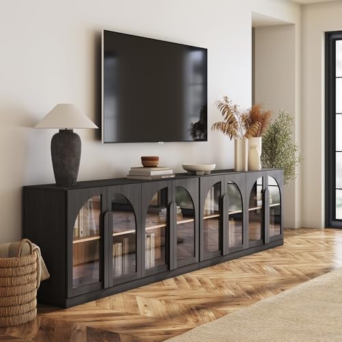 BELLEZE Set of 2 Bijou 64" Modern Buffet Sideboard, Mid-Century Arched Glass Door Cabinet, Wood Grain Storage Console for Living Room, Kitchen, Entryway - Ebony - Image 5