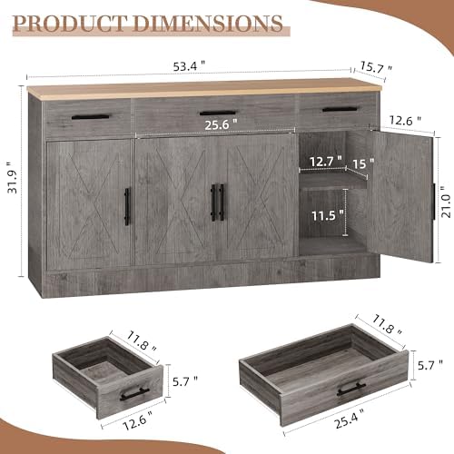 Shintenchi Buffet Cabinet with Storage,53.4" Large Kitchen Storage Cabinet with 3 Drawers and 4 Doors,Wood Farmhouse Buffet Sideboard with Adjustable Shelf for Kitchen Living Room, Gray - Image 3
