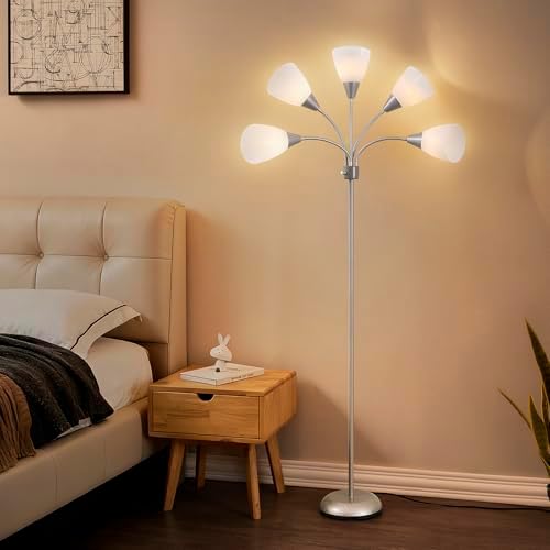 Medusa Modern Decor Floor Lamp, 5 Head Adjustable Gooseneck Lamps for Reading, White Shades Multiple Tall Standing Lamps for Living Room Bedroom Office Kids Classroom, Silver, Bulbs Included - Image 6