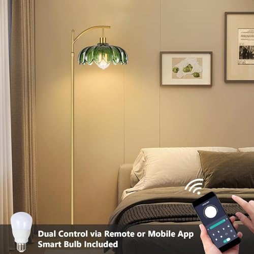 AHDWDW Gold Floor Lamp for Living Room Bedroom with Remote,Unique Vintage Standing Tall Lamp,Mid Century Modern Floor Lamps with Dimmable Bulb,Arc Green Glass Floor Lamps for Office Corner - Image 6