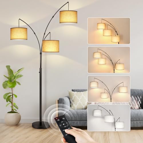 OUTON Arc LED Floor Lamp with Remote Control, Dimmable Modern Black 3 Light Arched Tall Floor Lamp, Mid Century Adjustable Standing Corner Lamps for Bedroom, Office, Living Room, Beige Lampshade by OUTON