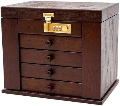 Wooden Jewelry Box, 5 Layers with 4 Drawers Large Locking Jewelry Organizer, Watches Necklace Ring Storage Box for Women (Dark Brown) by WANLECY