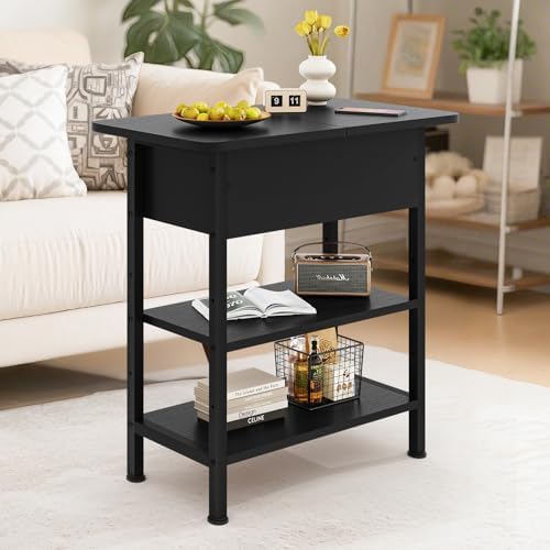 GRUSIGN End Table with Charging Station, Flip Top Side Table with USB Ports and Outlets, 3-Tier Small Side Table with Storage for Small Space, End Tables for Living Room/Bedroom, Black - Image 2