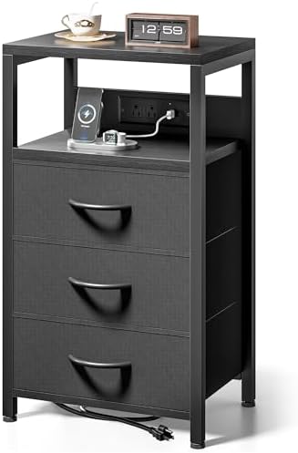 Lazzanto Night Stand with Charger Station, 3 Fabric Drawers, Black by Lazzanto