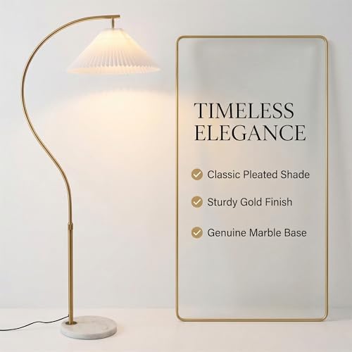 63 Inch Arc Floor Lamp with White Pleated Fabric Shade, Dimmable Standing Lamp with Marble Base, Rotatable Pivot Shade, Foot Switch,for Living Room Bedroom Office Sofa Corner. - Image 4