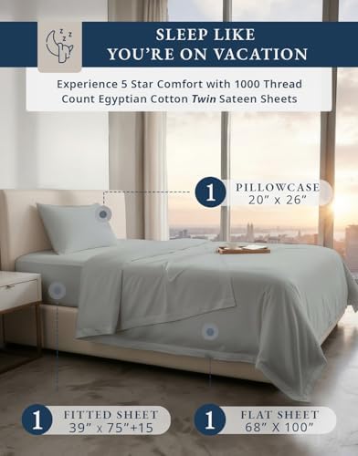 LANE LINEN Cooling Sheets Twin 100% Egyptian Cotton Sateen - Silver - Image 2